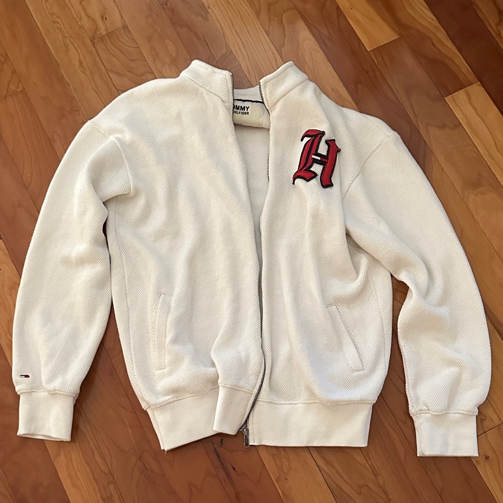 Tommy Hilfiger Cream Zip Up Sweater with Red Logo